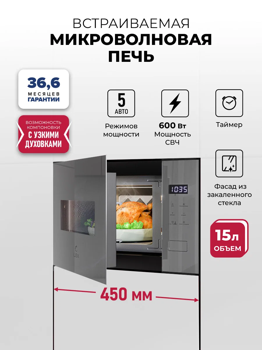 Микроволновая печь встраиваемая LEX BIMO 15.02N GR — фотография 1