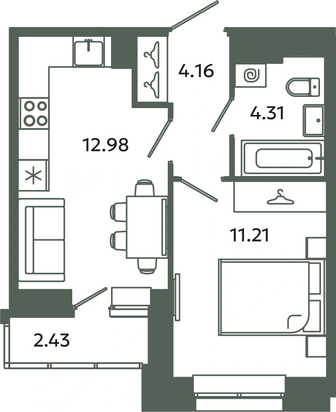 Планировка: 1‑комнатная · 33,88 м² · ЖК «Загляденье»