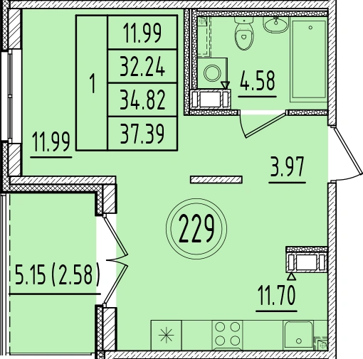 Планировка: Однокомнатная · 32,24 м² · ЖК «Образцовый квартал 6.4»