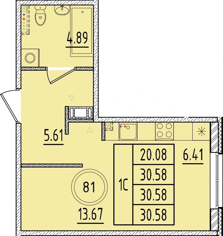 Планировка: Студия · 30,58 м² · ЖК «Образцовый квартал 17»