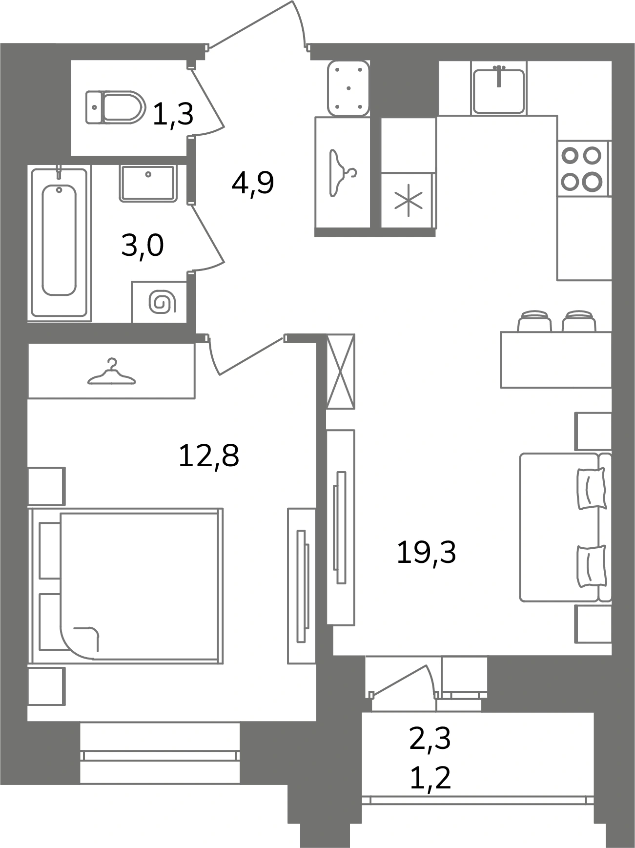 Планировка: 1‑комнатная · 42,5 м² · ЖК «Антверпен»