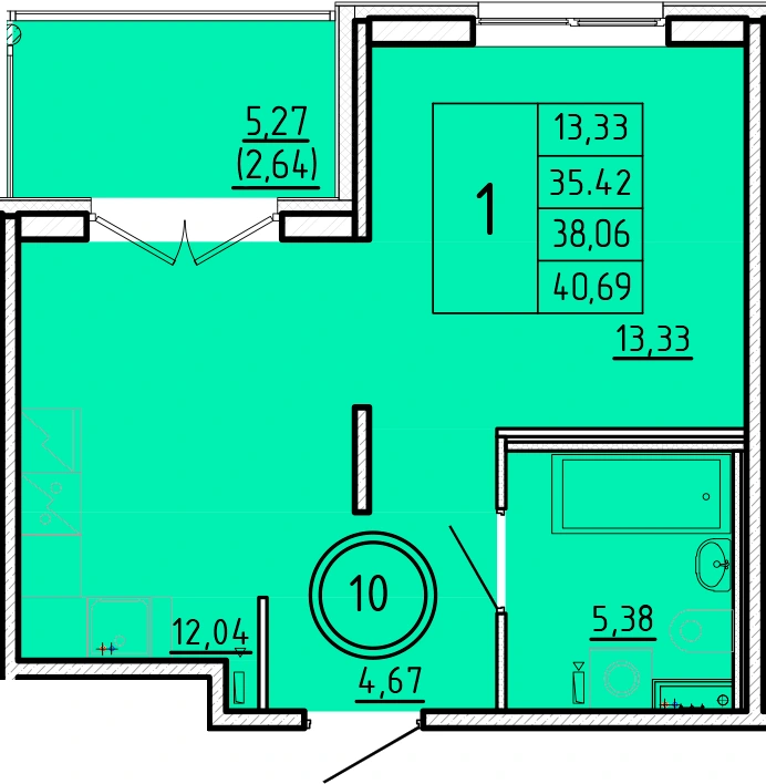 Планировка: Однокомнатная · 35,42 м² · ЖК «Образцовый квартал 16»