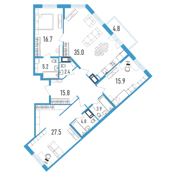 Планировка: Европланировка 3Е · 127,8 м² · ЖК «Нахимов»