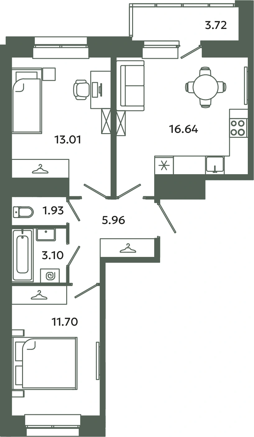 Планировка: 2‑комнатная · 54,2 м² · ЖК «Загляденье»