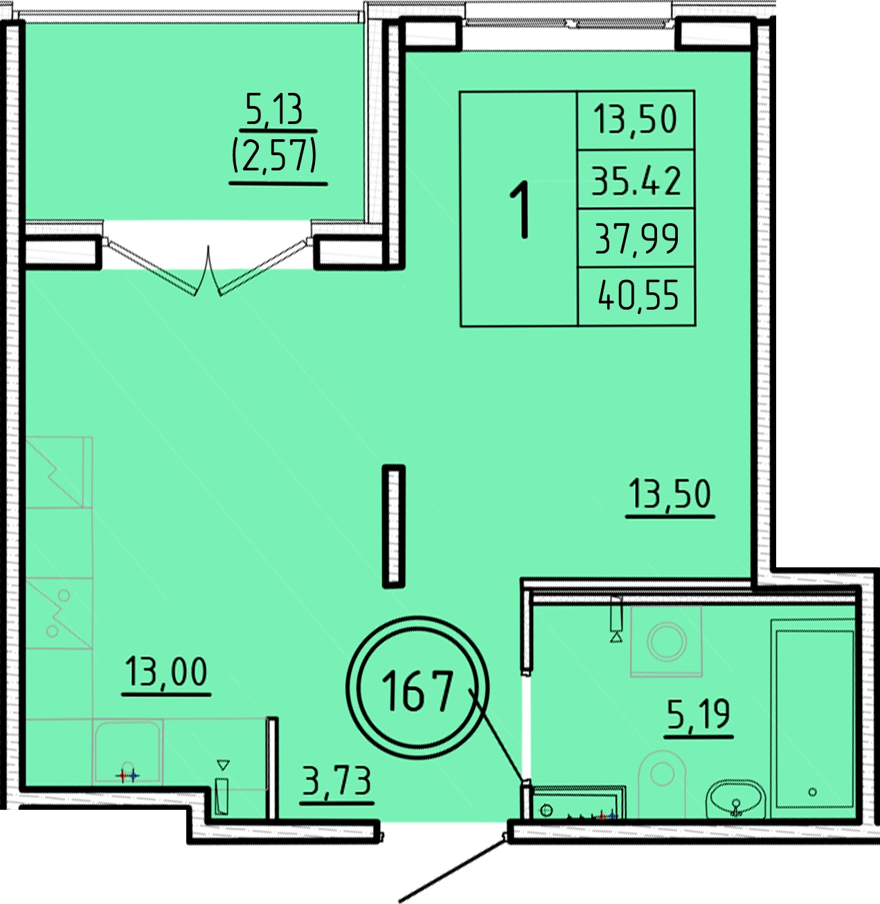 Планировка: Однокомнатная · 35,42 м² · ЖК «Образцовый квартал 16»