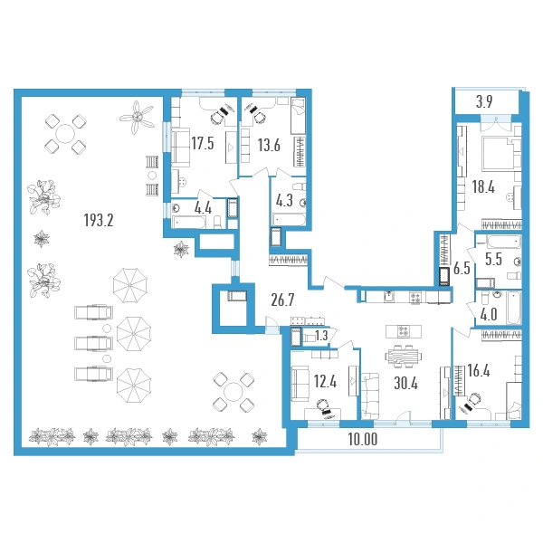 Планировка: Европланировка 5Е · 224,4 м² · ЖК «Нахимов»