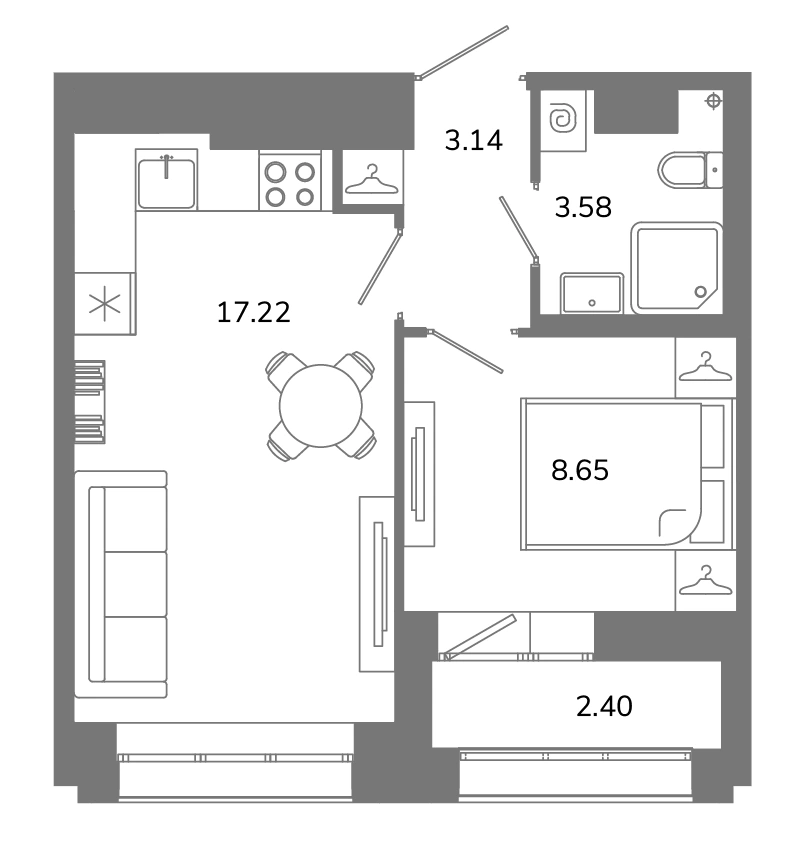Планировка: 1‑комнатная · 33,79 м² · ЖК «Твой Космос»