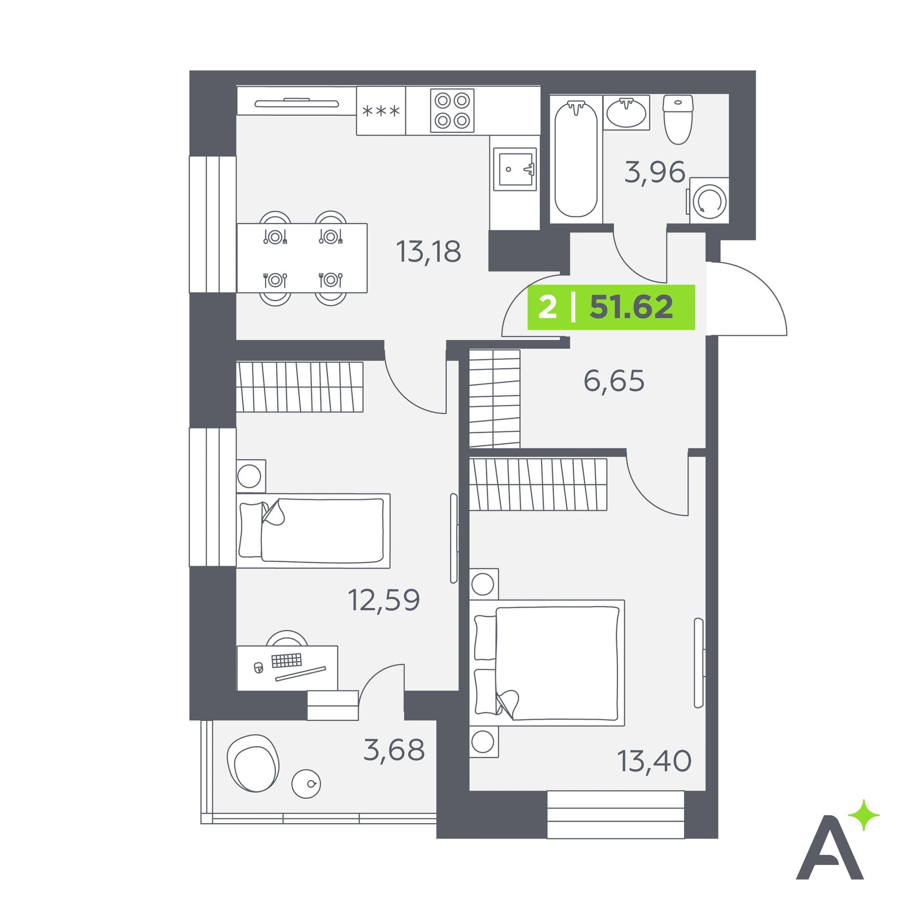 Планировка: 2-комнатная · 51,62 м² · ЖК «Аквилон Солар»