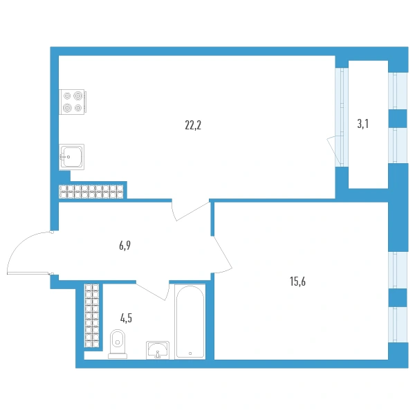 Планировка: Европланировка 1Е · 50,8 м² · ЖК «Дефанс Премиум»