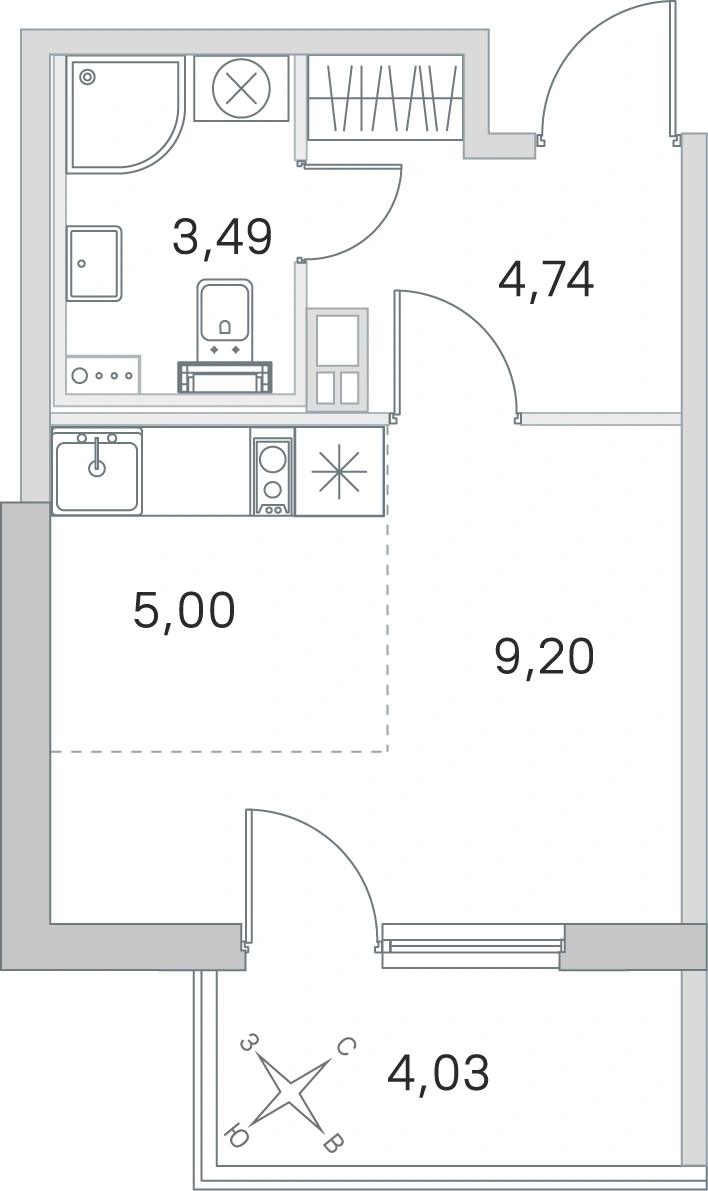 Планировка: Студия · 22,43 м² · ЖК «Любоград»