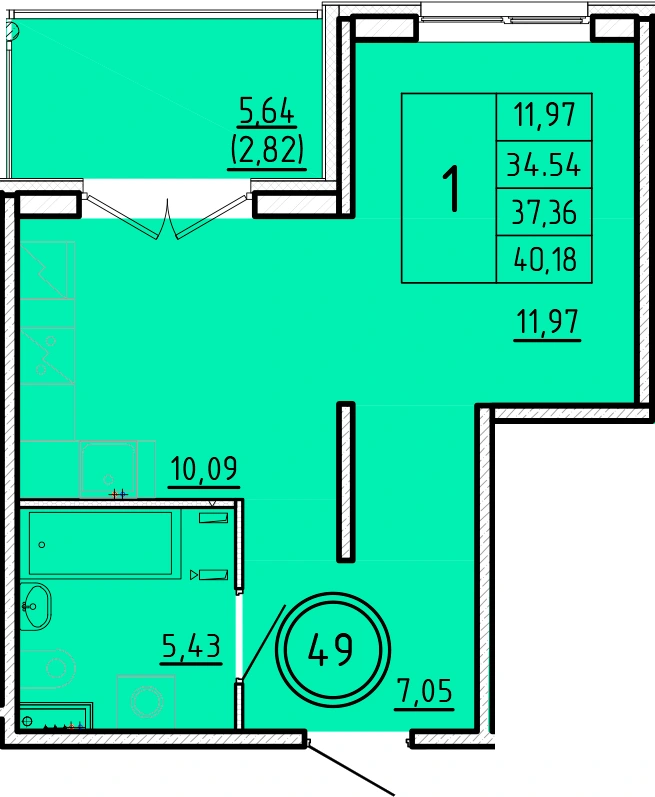 Планировка: Однокомнатная · 34,54 м² · ЖК «Образцовый квартал 16»