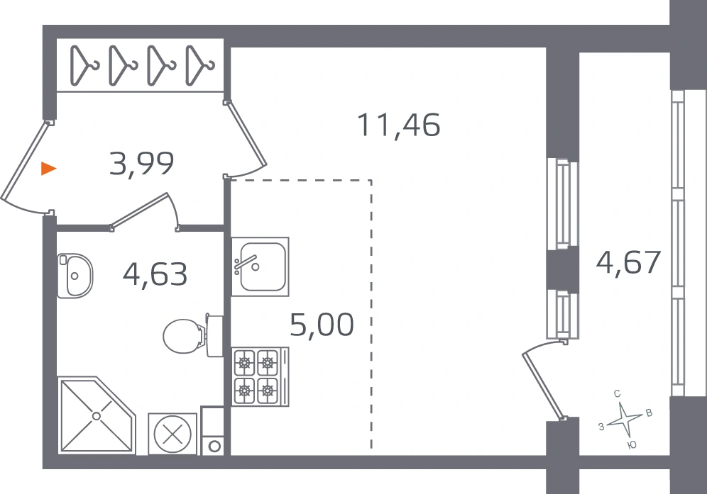 Планировка: Студия · 25,08 м² · ЖК «Б15»