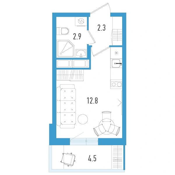Планировка: Студия · 19,4 м² · ЖК «Аэросити 3»