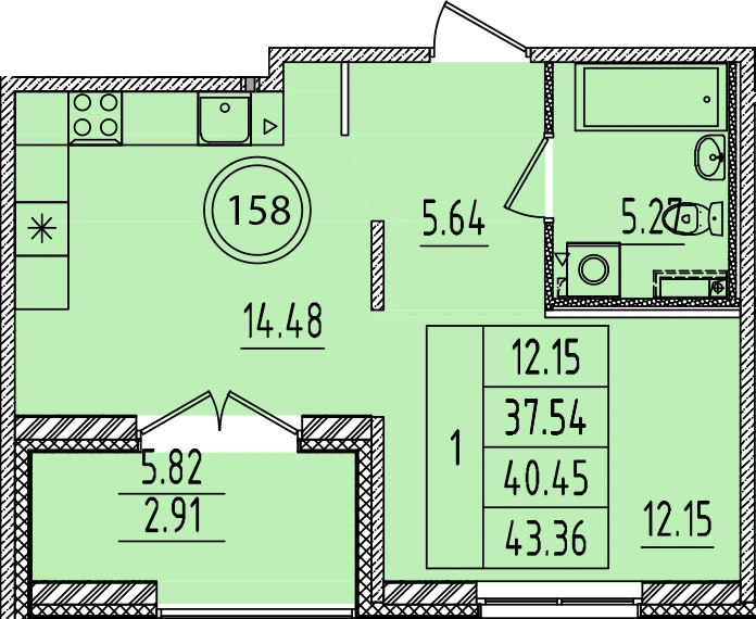 Планировка: Однокомнатная · 37,54 м² · ЖК «Образцовый квартал 14»