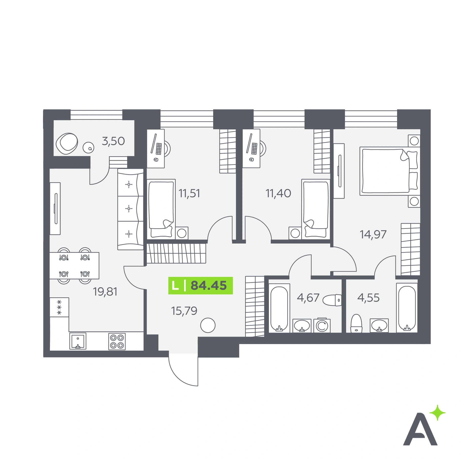 Планировка: 3-комнатная · 84,45 м² · ЖК «Аквилон Солар»