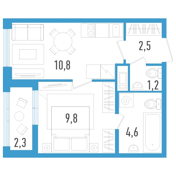 Планировка: Европланировка 1Е · 30,1 м² · ЖК «Аэросити 6»