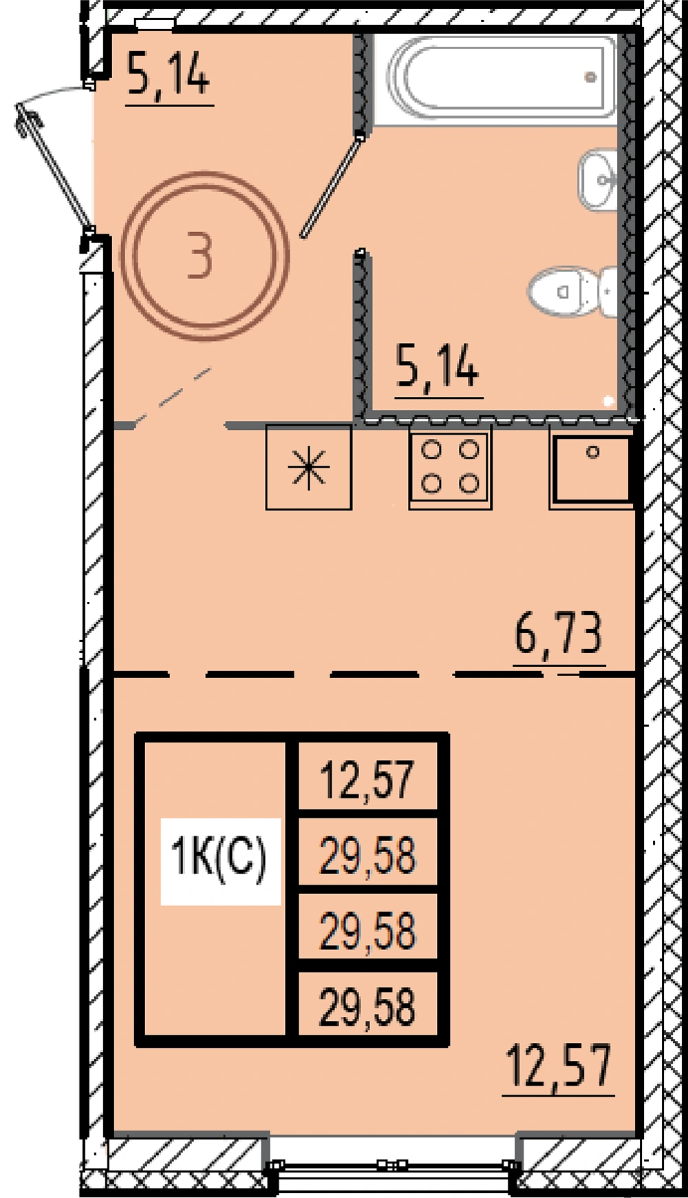 Планировка: Студия · 29,58 м² · ЖК «Образцовый квартал 9.1»