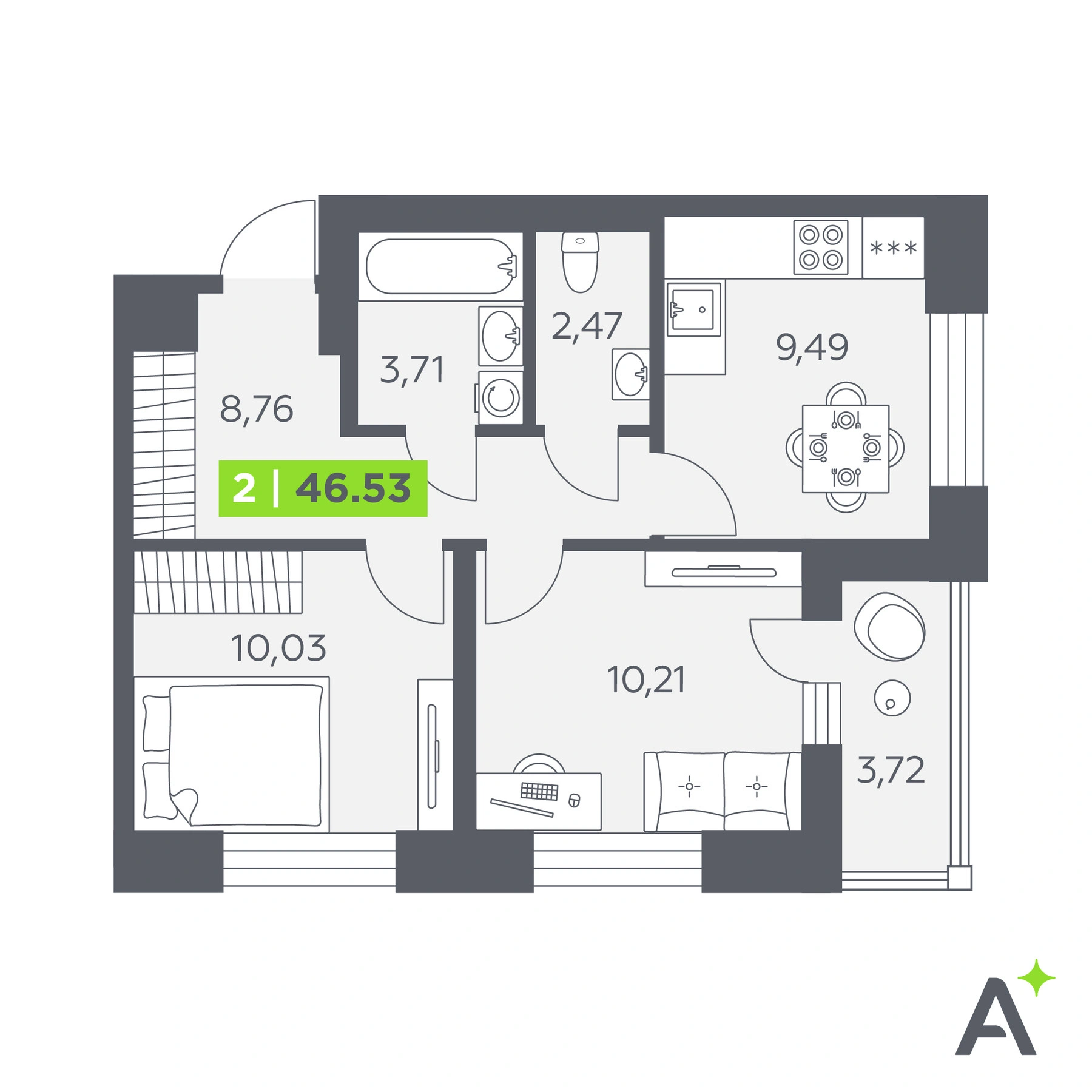 Планировка: 2-комнатная · 46,53 м² · ЖК «Аквилон Солар»