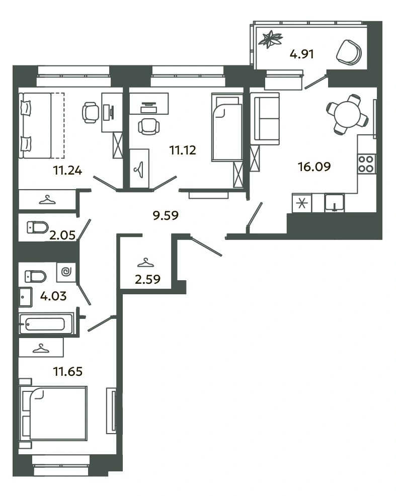 Планировка: 3‑комнатная · 70,92 м² · ЖК «Загляденье»