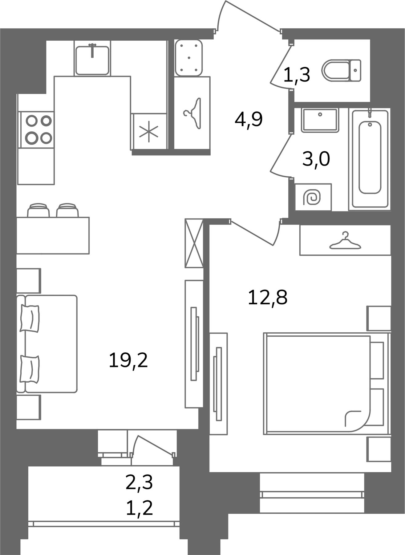 Планировка: 1‑комнатная · 42,4 м² · ЖК «Антверпен»