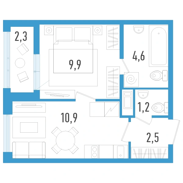 Планировка: Европланировка 1Е · 30,3 м² · ЖК «Аэросити 6»