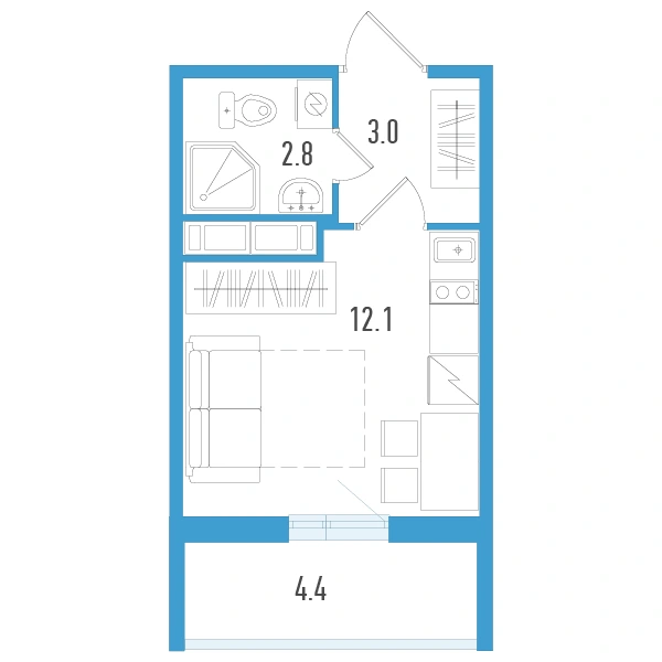 Планировка: Студия · 19,2 м² · ЖК «Аэросити 5»