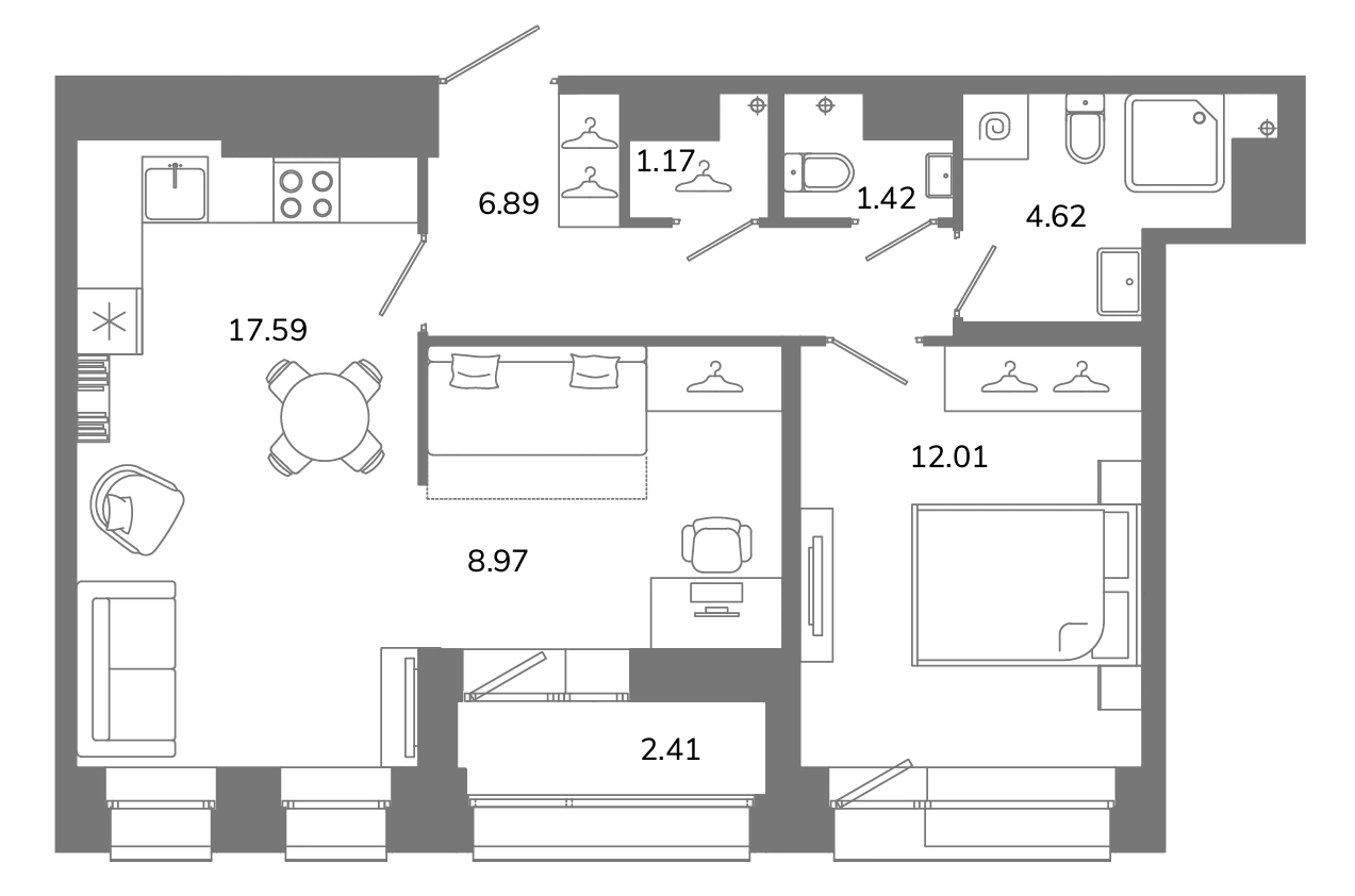 Планировка: 2‑комнатная · 53,87 м² · ЖК «Твой Космос»