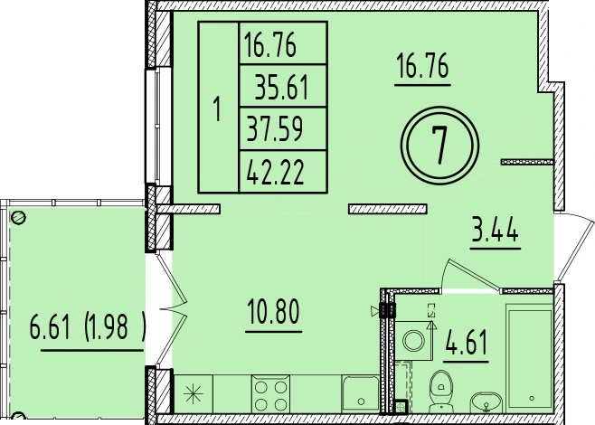 Планировка: Однокомнатная · 35,61 м² · ЖК «Образцовый квартал 6.4»