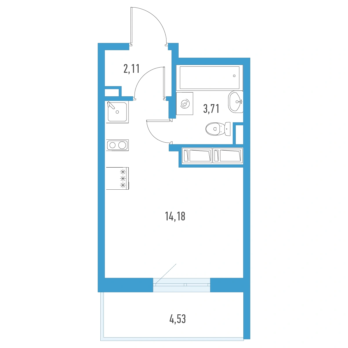 Планировка: Студия · 21,36 м² · ЖК «Аэросити 8»