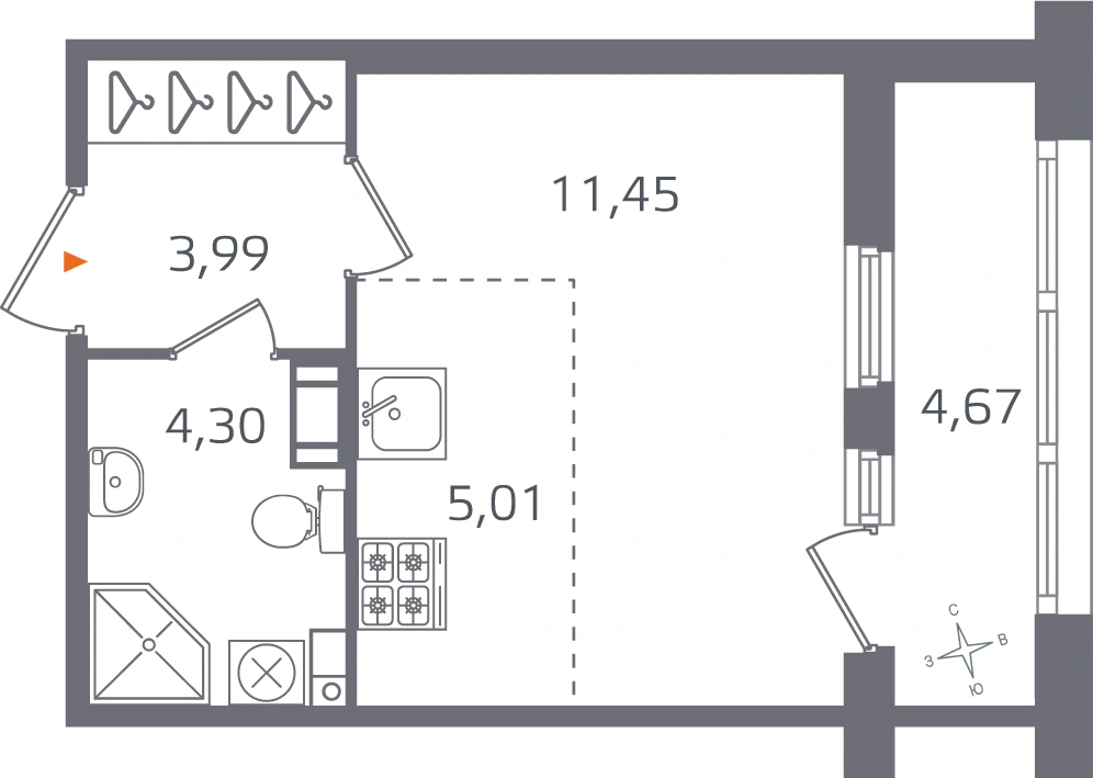 Планировка: Студия · 24,75 м² · ЖК «Б15»