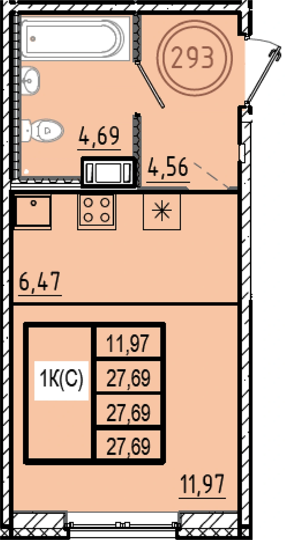 Планировка: Студия · 27,69 м² · ЖК «Образцовый квартал 9.1»