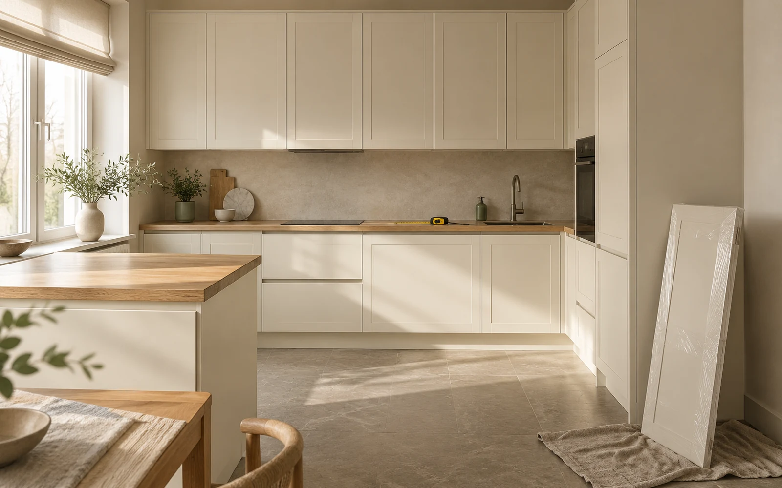 Кухня на этапе установки с образцом фасада и защитной тканью